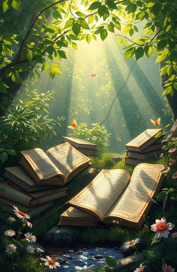 A beautiful digital painting showcasing an enchanting scene of books scattered around a lush green forest