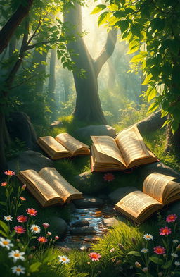 A beautiful digital painting showcasing an enchanting scene of books scattered around a lush green forest