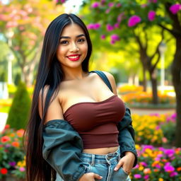 A stunning Indonesian university student with striking features and large breasts, embodying a flirty and playful demeanor