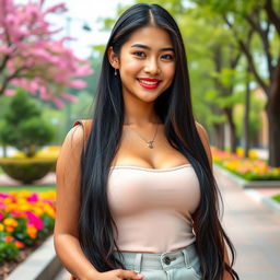 A stunning Indonesian university student with striking features and large breasts, embodying a flirty and playful demeanor