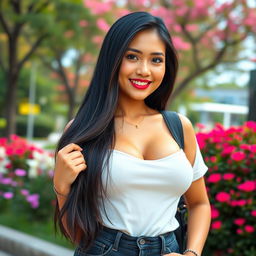A stunning Indonesian university student with striking features and large breasts, embodying a flirty and playful demeanor