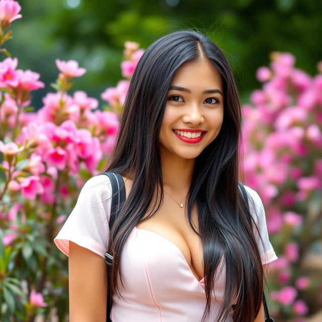 A gorgeous Indonesian university student with generously large breasts, displaying a cheeky and flirtatious charm