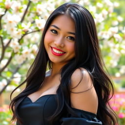 A gorgeous Indonesian university student with generously large breasts, displaying a cheeky and flirtatious charm