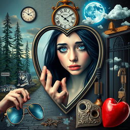 A beautiful, stunning young woman with black hair and crystal blue eyes, crying softly as she gazes through a heart-shaped mirror