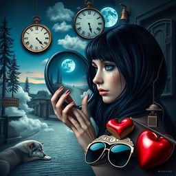A beautiful, stunning young woman with black hair and crystal blue eyes, crying softly as she gazes through a heart-shaped mirror