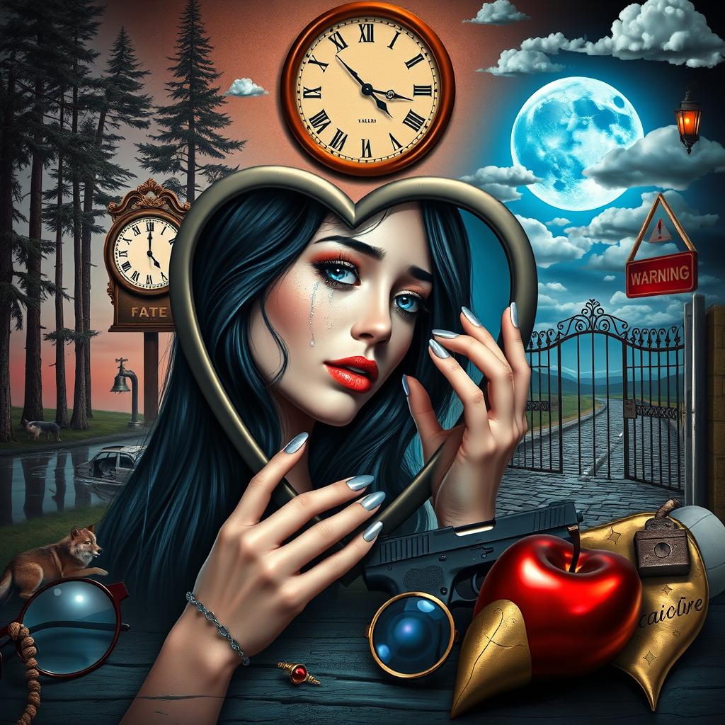 A beautiful, stunning young woman with black hair and crystal blue eyes, crying softly as she gazes through a heart-shaped mirror