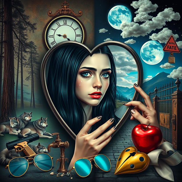 A beautiful, stunning young woman with black hair and crystal blue eyes, crying softly as she gazes through a heart-shaped mirror