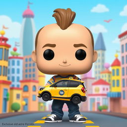 An exclusive Funko Pop character design of a 35-year-old man, featuring a cheerful expression, wearing casual clothes like a colorful t-shirt and jeans