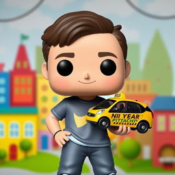An exclusive Funko Pop character design of a 35-year-old man, featuring a cheerful expression, wearing casual clothes like a colorful t-shirt and jeans