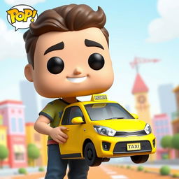 An exclusive Funko Pop character design of a 35-year-old man, featuring a cheerful expression, wearing casual clothes like a colorful t-shirt and jeans