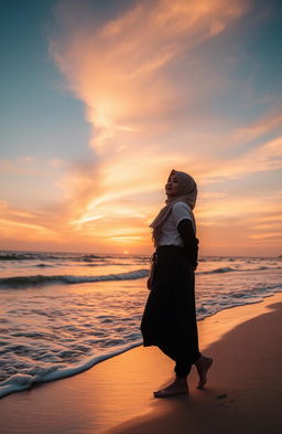 A young woman named Dara Ayu Anindya stands gracefully at the edge of a beach during sunset