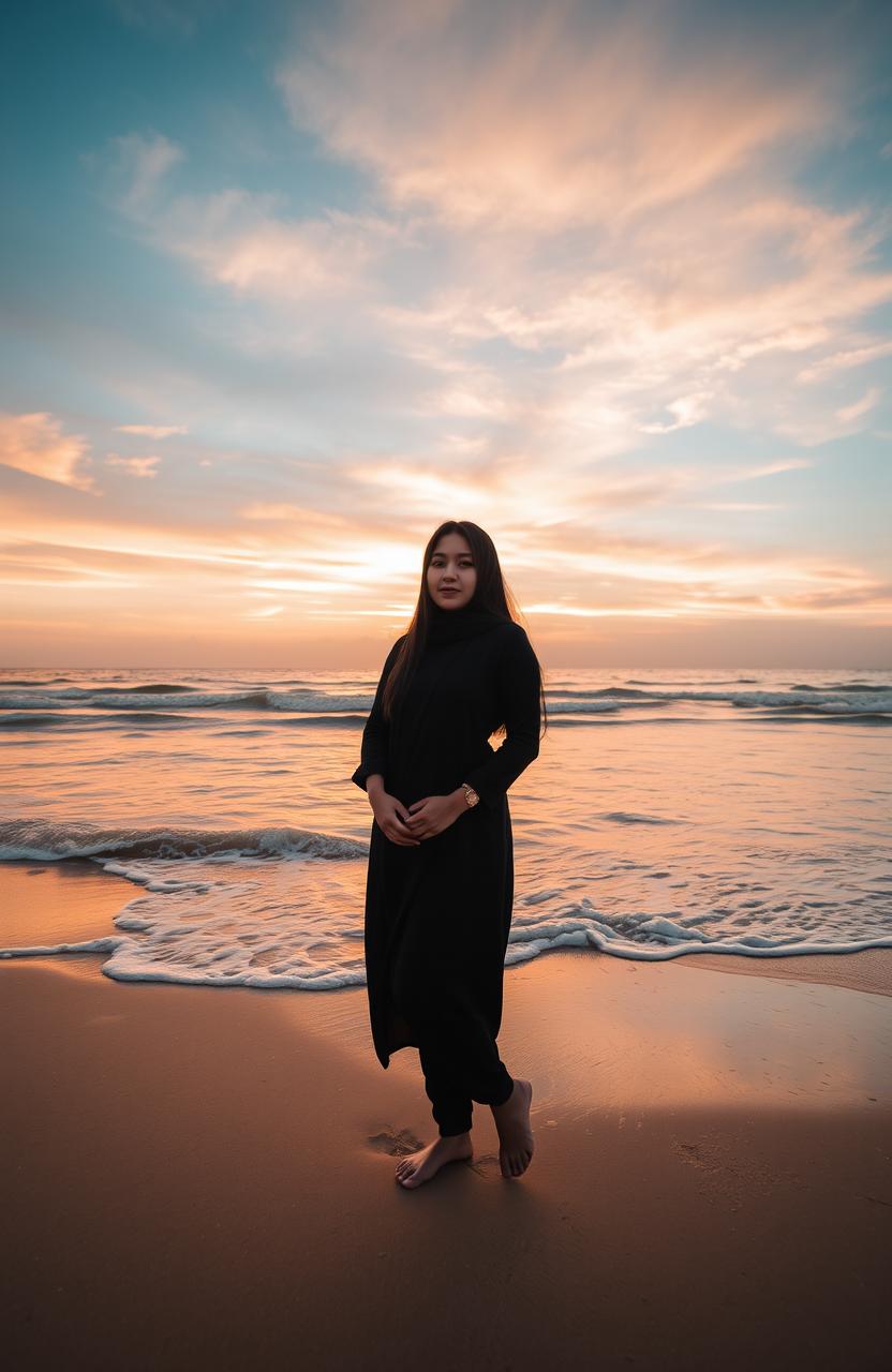 A young woman named Dara Ayu Anindya stands gracefully at the edge of a beach during sunset