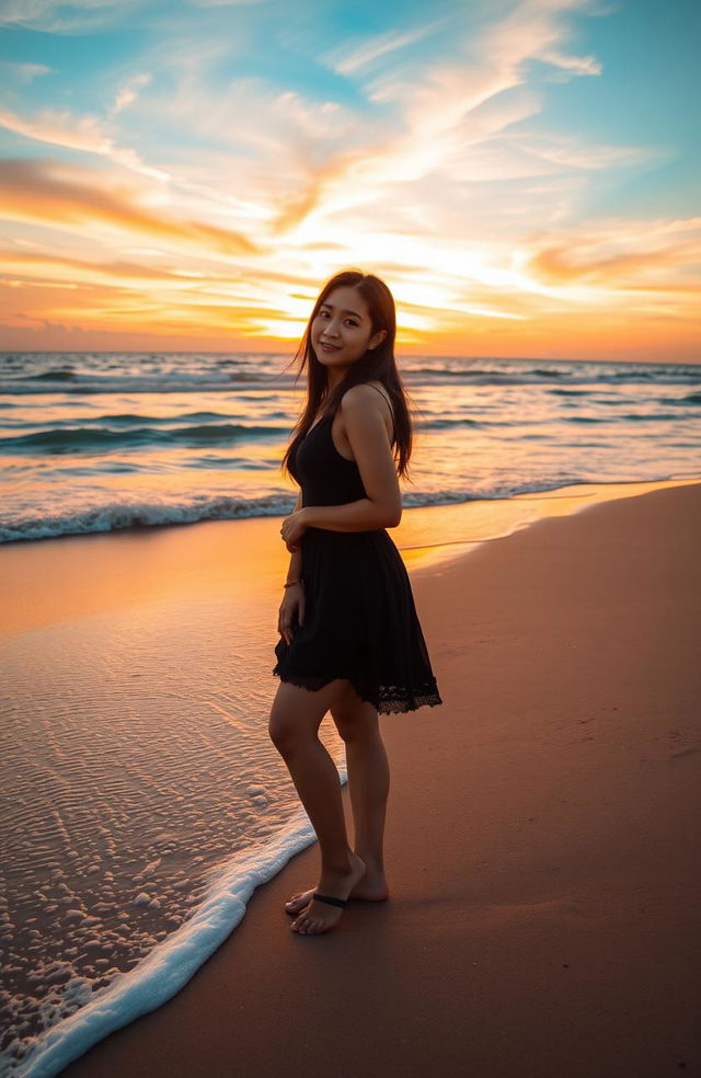 A young woman named Dara Ayu Anindya stands gracefully at the edge of a beach during sunset