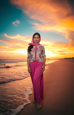 A young woman named Dara Ayu Anindya stands gracefully at the edge of a beach during sunset