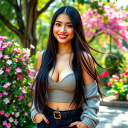 A beautiful Indonesian university student with strikingly large breasts, showcasing a playful and flirty personality
