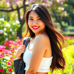 A beautiful Indonesian university student with strikingly large breasts, showcasing a playful and flirty personality