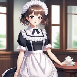 A high-quality digital art piece presenting a full-body portrait of a cute maid girl