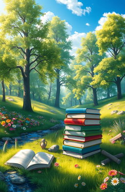 A serene digital painting featuring an assortment of colorful books stacked and spread out on a lush green meadow