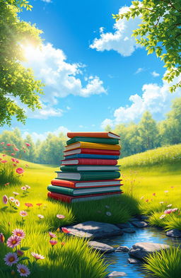 A serene digital painting featuring an assortment of colorful books stacked and spread out on a lush green meadow