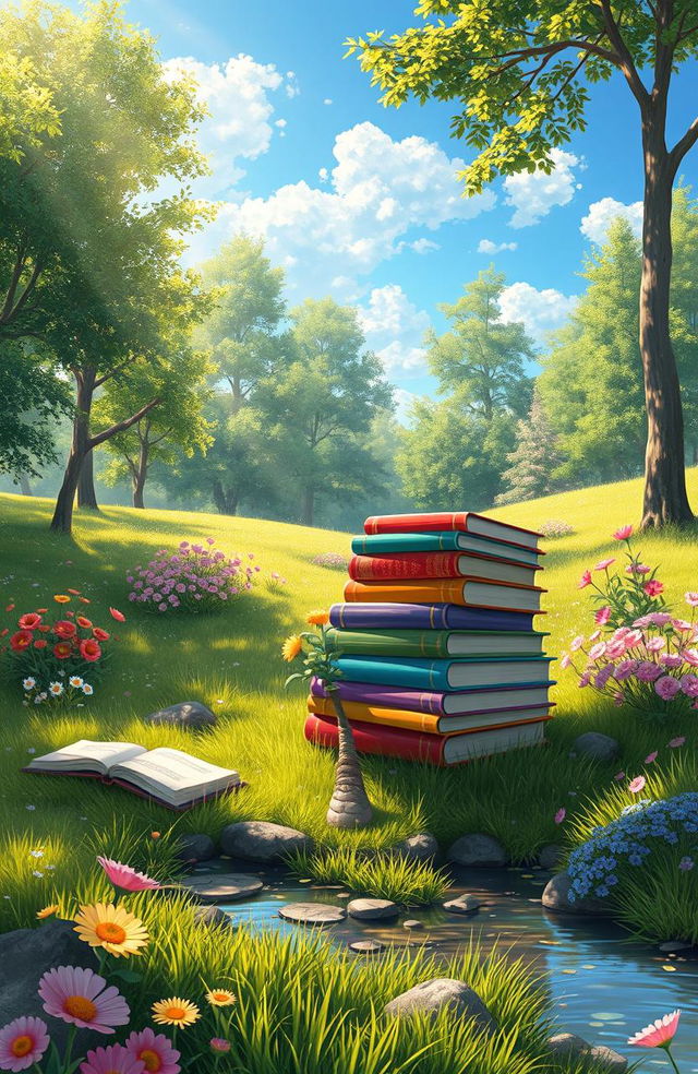 A serene digital painting featuring an assortment of colorful books stacked and spread out on a lush green meadow