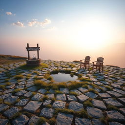 A serene landscape featuring a short area of land covered with flat, neatly arranged stones, with patches of scattered grass intertwining in the gaps between the stones