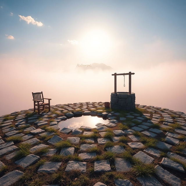 A serene landscape featuring a short area of land covered with flat, neatly arranged stones, with patches of scattered grass intertwining in the gaps between the stones