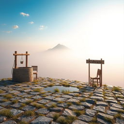 A serene landscape featuring a short area of land covered with flat, neatly arranged stones, with patches of scattered grass intertwining in the gaps between the stones