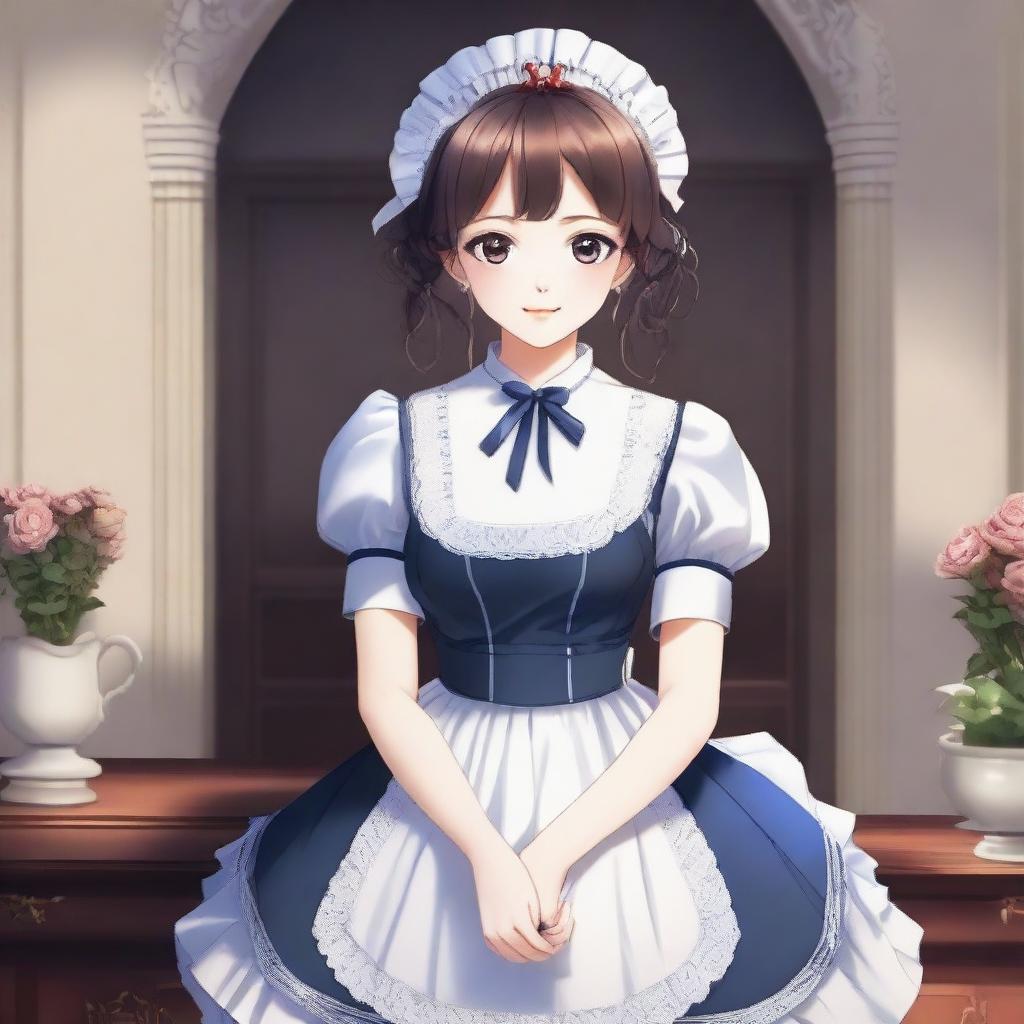 A high-quality digital art piece presenting a full-body portrait of a cute maid girl