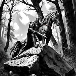 A heroic knight in detailed armor seated on a large, rugged rock, with his majestic horse standing beside him in a relaxed posture