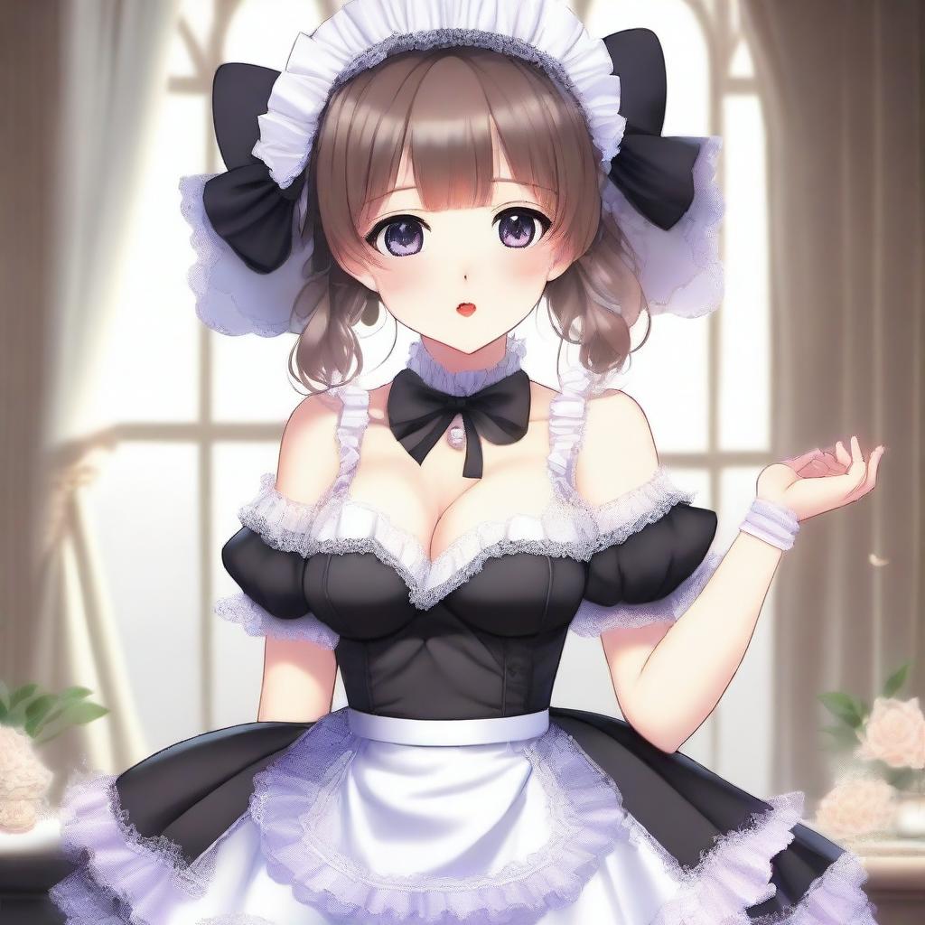 In this high-quality digital art, we see a full-body portrait of a cute maid girl