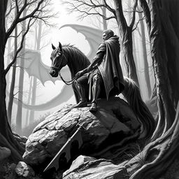 A heroic knight in detailed armor seated on a large, rugged rock, with his majestic horse standing beside him in a relaxed posture