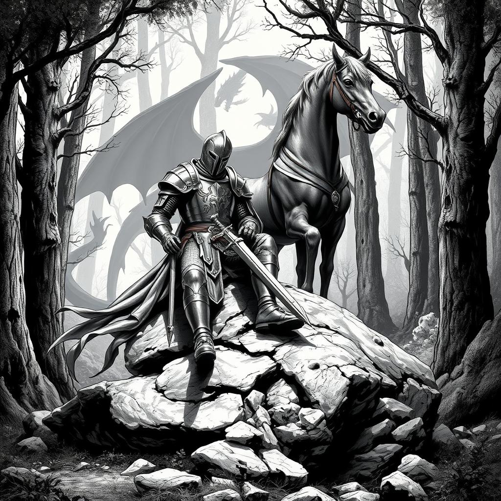 A heroic knight in detailed armor seated on a large, rugged rock, with his majestic horse standing beside him in a relaxed posture