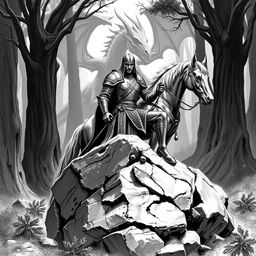 A heroic knight in detailed armor seated on a large, rugged rock, with his majestic horse standing beside him in a relaxed posture
