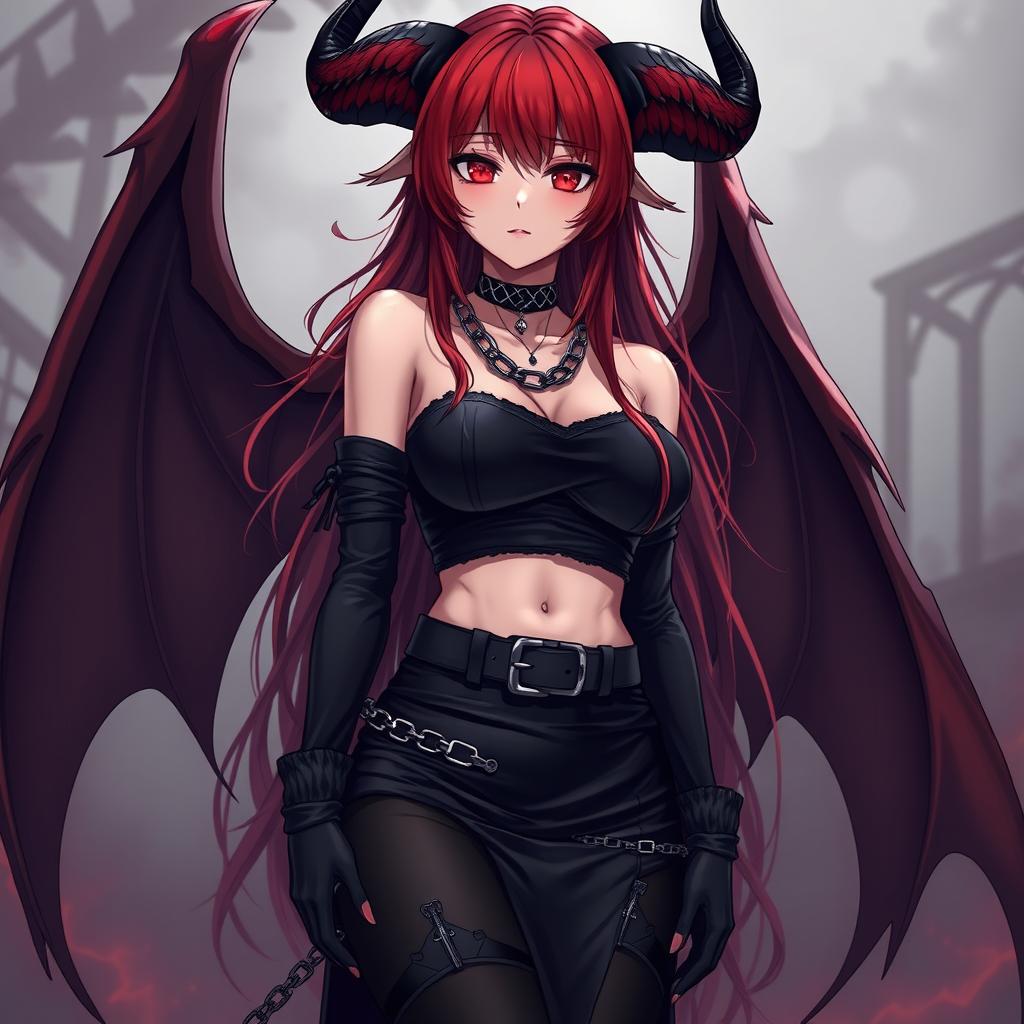 A mesmerizing and sexy demon gothic anime girl, with dramatic demonic wings and prominent horns, looking down at you in an intimate scene