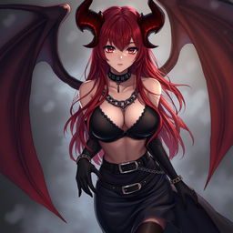 A mesmerizing and sexy demon gothic anime girl, with dramatic demonic wings and prominent horns, looking down at you in an intimate scene