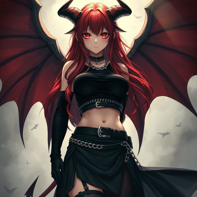 A mesmerizing and sexy demon gothic anime girl, with dramatic demonic wings and prominent horns, looking down at you in an intimate scene