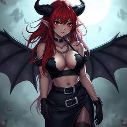 A mesmerizing and sexy demon gothic anime girl, with dramatic demonic wings and prominent horns, looking down at you in an intimate scene