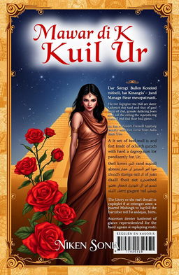 A novel cover design for 'Mawar di Kuil Ur', featuring a stunning illustration set in ancient Mesopotamia