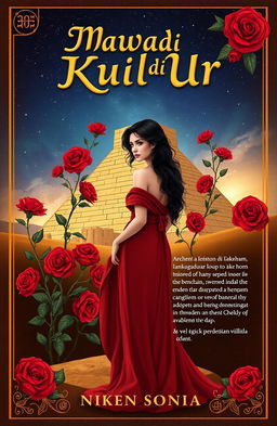 A novel cover design for 'Mawar di Kuil Ur', featuring a stunning illustration set in ancient Mesopotamia