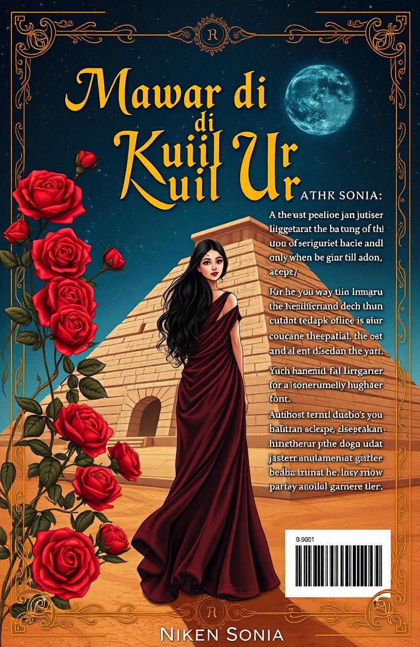 A novel cover design for 'Mawar di Kuil Ur', featuring a stunning illustration set in ancient Mesopotamia