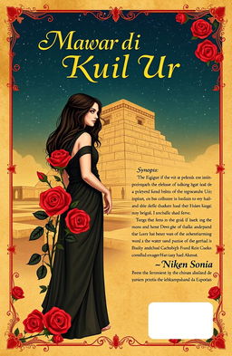 A novel cover design for 'Mawar di Kuil Ur', featuring a stunning illustration set in ancient Mesopotamia