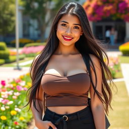 A stunning Indonesian university student with prominently large breasts, embodying a playful and flirtatious character