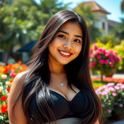 A stunning Indonesian university student with prominently large breasts, embodying a playful and flirtatious character