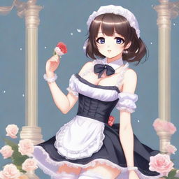 In this high-quality digital art, we see a full-body portrait of a cute maid girl