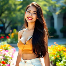 A stunning Indonesian university student with prominently large breasts, radiating a flirty and playful demeanor