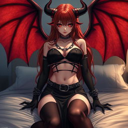 An alluring demon gothic anime girl with dramatic demonic wings and prominent horns, pinning you down in an intimate bedroom scene