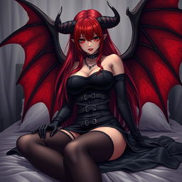 An alluring demon gothic anime girl with dramatic demonic wings and prominent horns, pinning you down in an intimate bedroom scene
