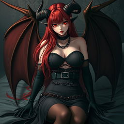 An alluring demon gothic anime girl with dramatic demonic wings and prominent horns, pinning you down in an intimate bedroom scene