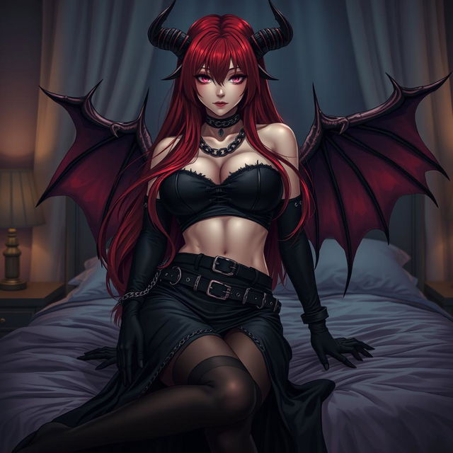 An alluring demon gothic anime girl with dramatic demonic wings and prominent horns, pinning you down in an intimate bedroom scene