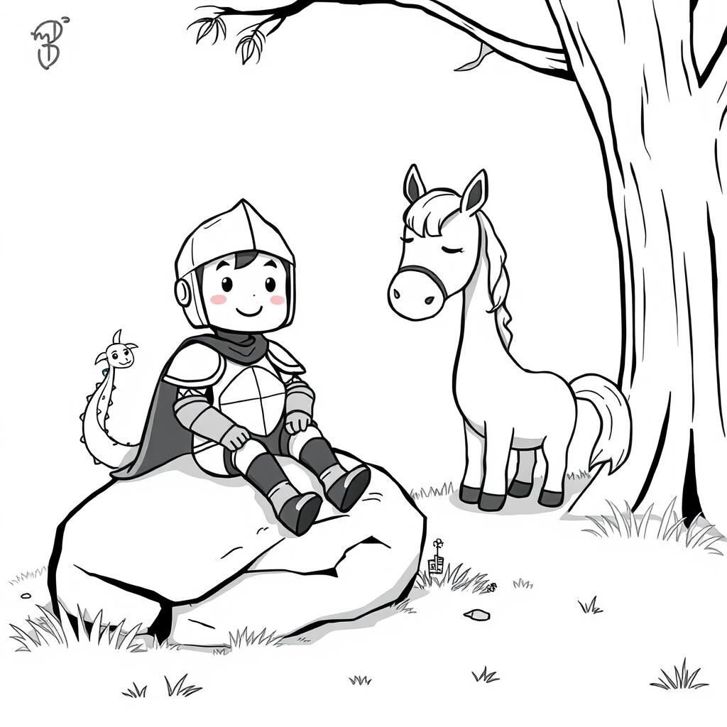 A cute, whimsical scene featuring a cartoonish knight sitting on a large rock, looking content and relaxed